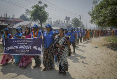 Activists holding a banner that reads “Harawa-Charawa Rights Caravan” take part in the caravan heading towards Janakpur from Dhanusha District, Nepal April 11, 2023. The caravan was organised as a protest against the government's indifference towards rehabilitation of the recently freed Harawa-Charawa community. After the long advocacy efforts and engagement with the different layers of government entities, the government of Nepal officially declared the emancipation of Harawa-Charawa on July 18th, 2022.